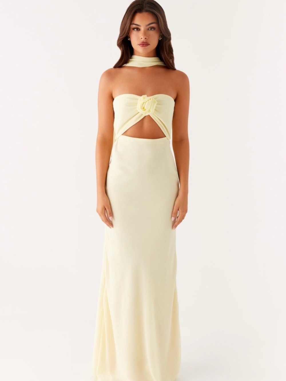Peppermayo Strapless Cutout Maxi Dress in Pale Yellow
